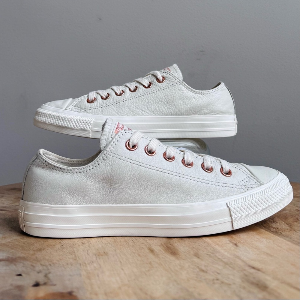 Converse Low Top Sneakers in White with Rose Gold Eyelets - Picture 2 of 14
